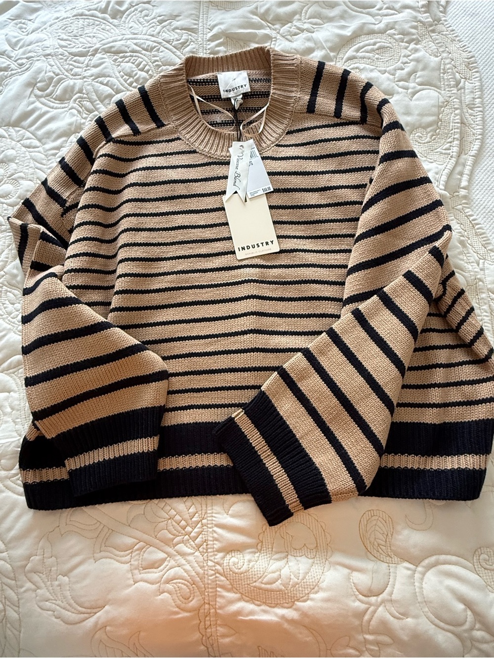 Industry Tan and Black Striped Crewneck Sweater
